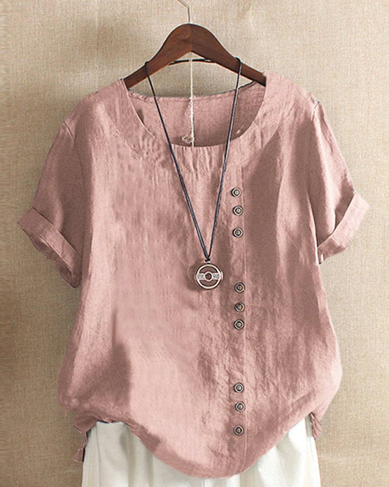 Constance | Women's Button Front Crew Neck Short Sleeve Top - Pink - Image 1