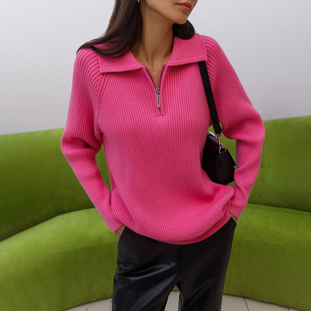 Constance | Women's Half Zip Ribbed Sweater - Pink - Image 1