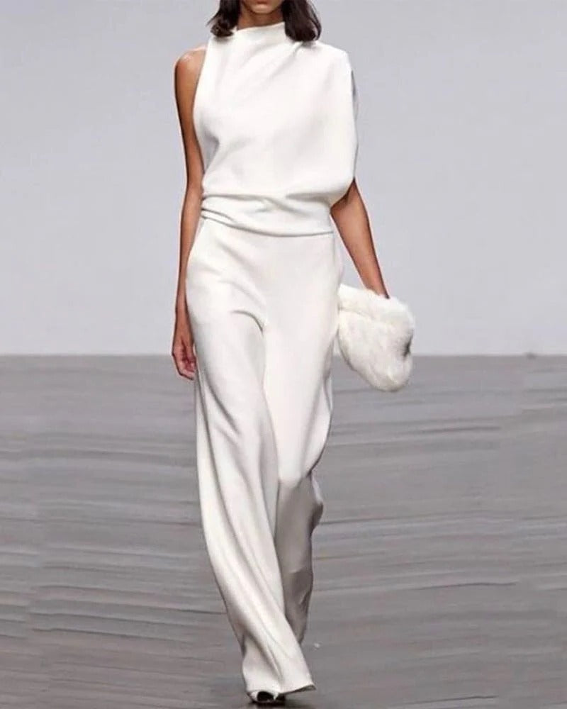 Cordelia | Women's Mock Neck Wide Leg Jumpsuit - White - Image 1