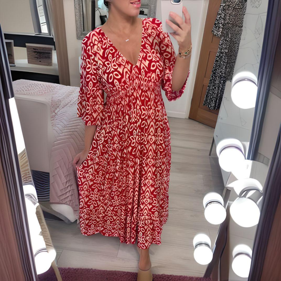 Cordelia | Women's V-Neck Printed Maxi Dress - Red - Image 1