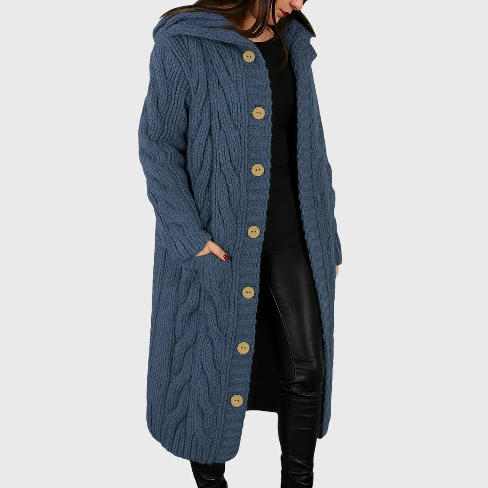 Cordestine | Women's Hooded Cable Knit Cardigan Coat - Blue - Image 1