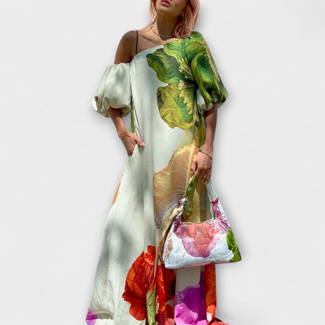 Cordillia | Women's Off Shoulder Puff Sleeve Floral Maxi Dress - Floral - Image 1