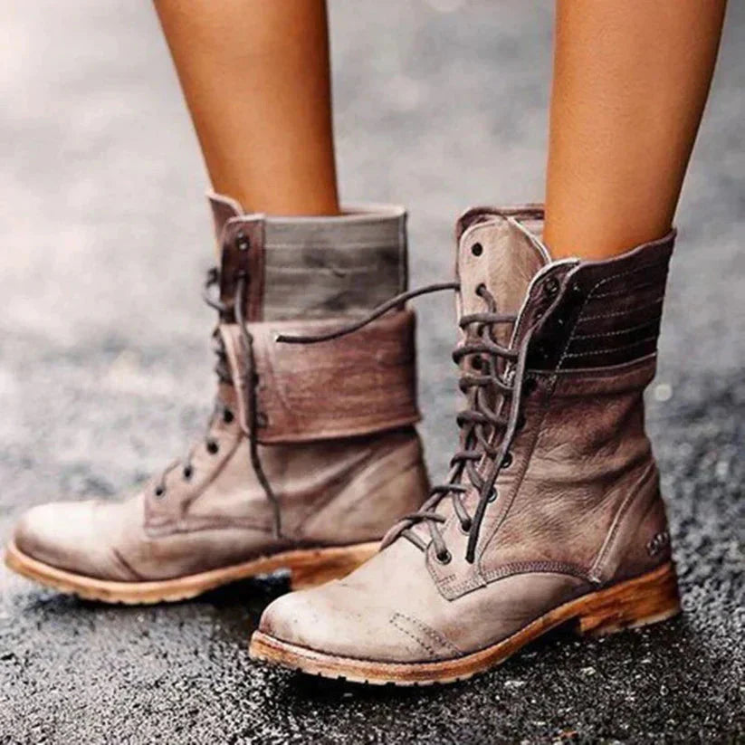 Cordivale | Women's Lace Up Mid Calf Boots - Brown - Image 1