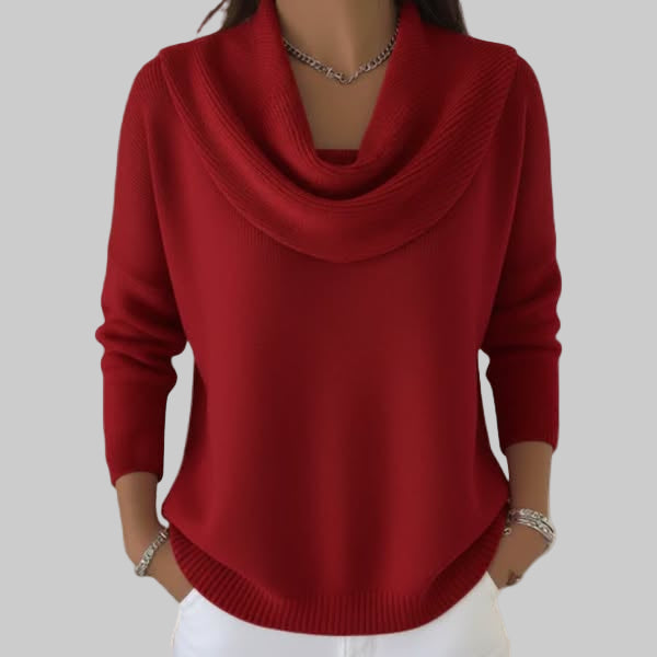 Cordivana | Women's Cowl Neck Long Sleeve Sweater - Red - Image 1