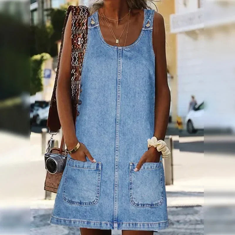 Cordivana | Women's Sleeveless Mini Dress with Pockets - Blue - Image 1
