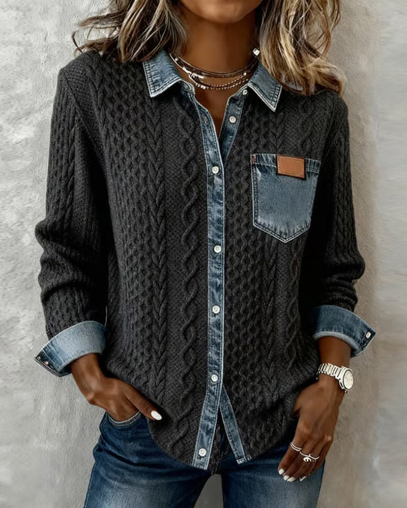 Cordona | Women's Cable Knit Collared Sweater - Grey - Image 1