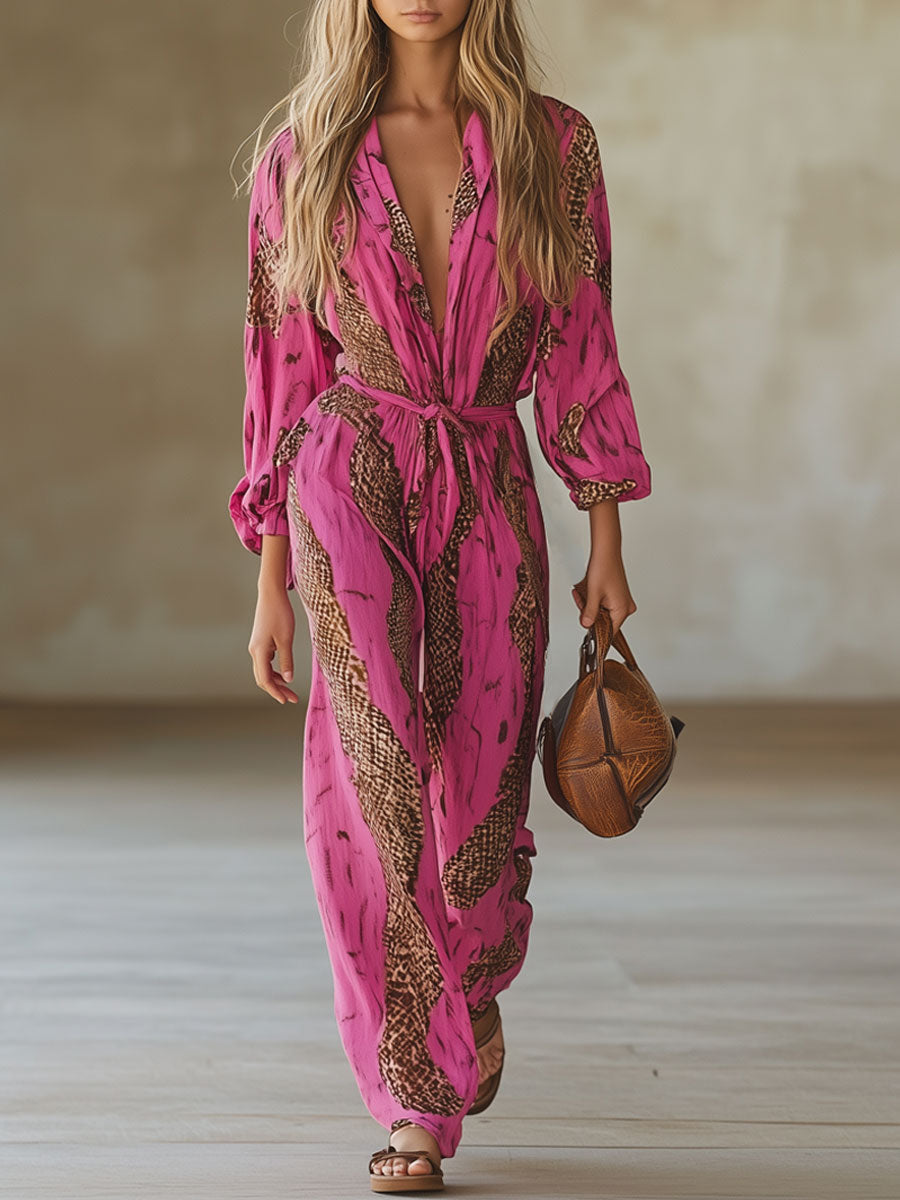 Cordova | Women's Leopard Print Long Sleeve Jumpsuit - Pink - Image 1