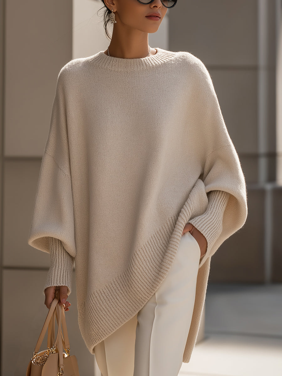 Cordula | Women's Oversized Round Neck Poncho - Beige - Image 1