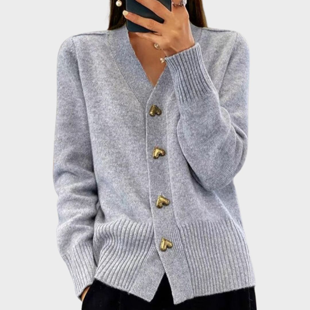 Cordwella | Women's Button Front Long Sleeve Cardigan - Grey - Image 1