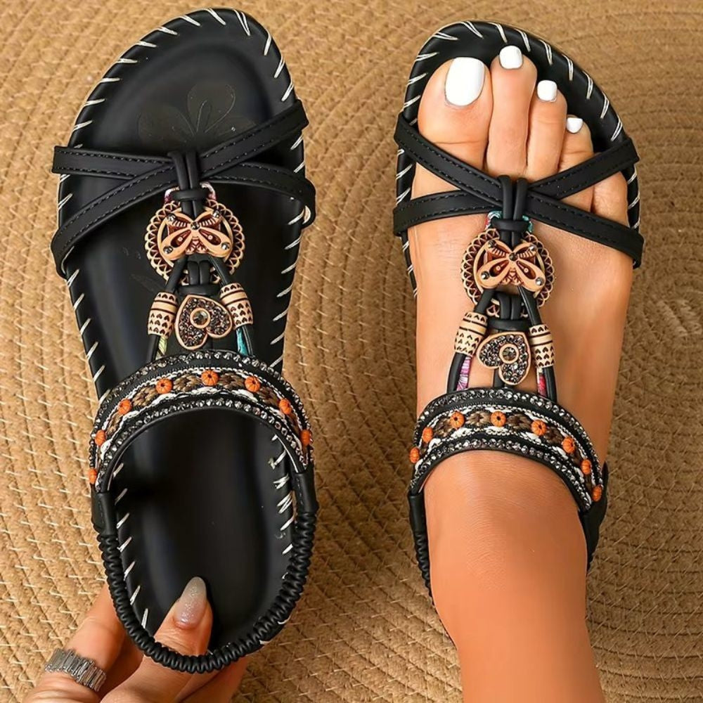 Cordwina | Women's Embellished Boho Flat Sandals - Black - Image 1