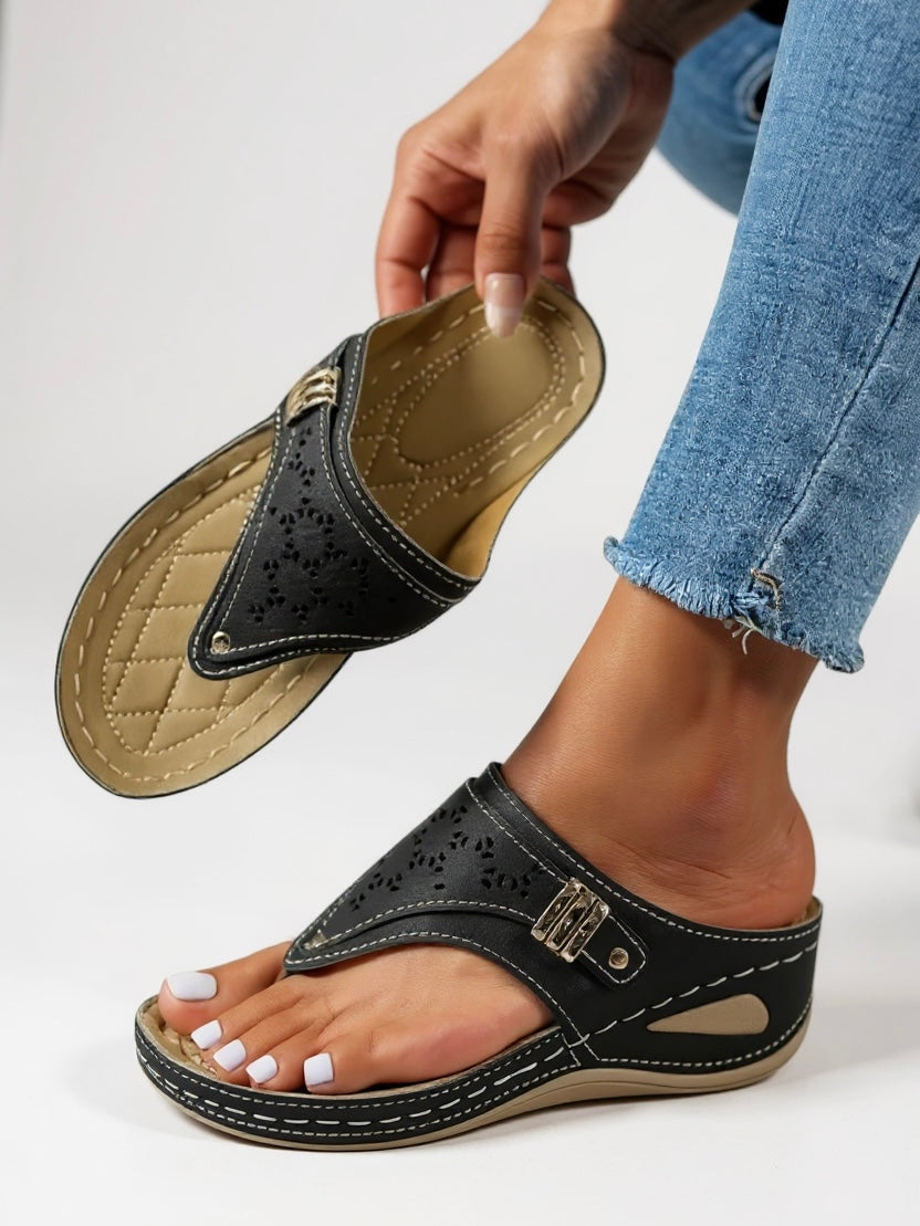 Cornelia | Women's Toe Post Adjustable Sandals - Black - Image 1