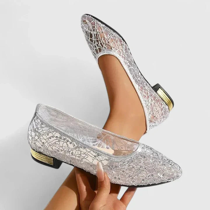 Dahila | Women's Pointed Toe Flats with Low Heel - Silver - Image 1