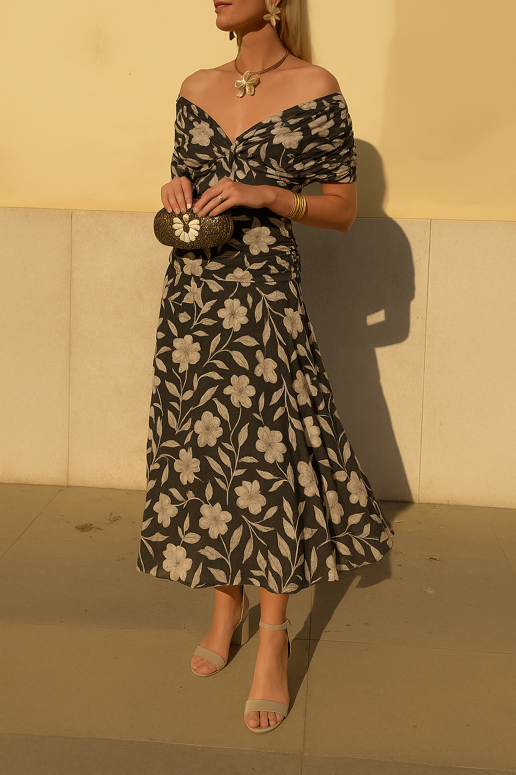 Daphne | Women's Off Shoulder Floral Midi Dress - Floral - Image 1
