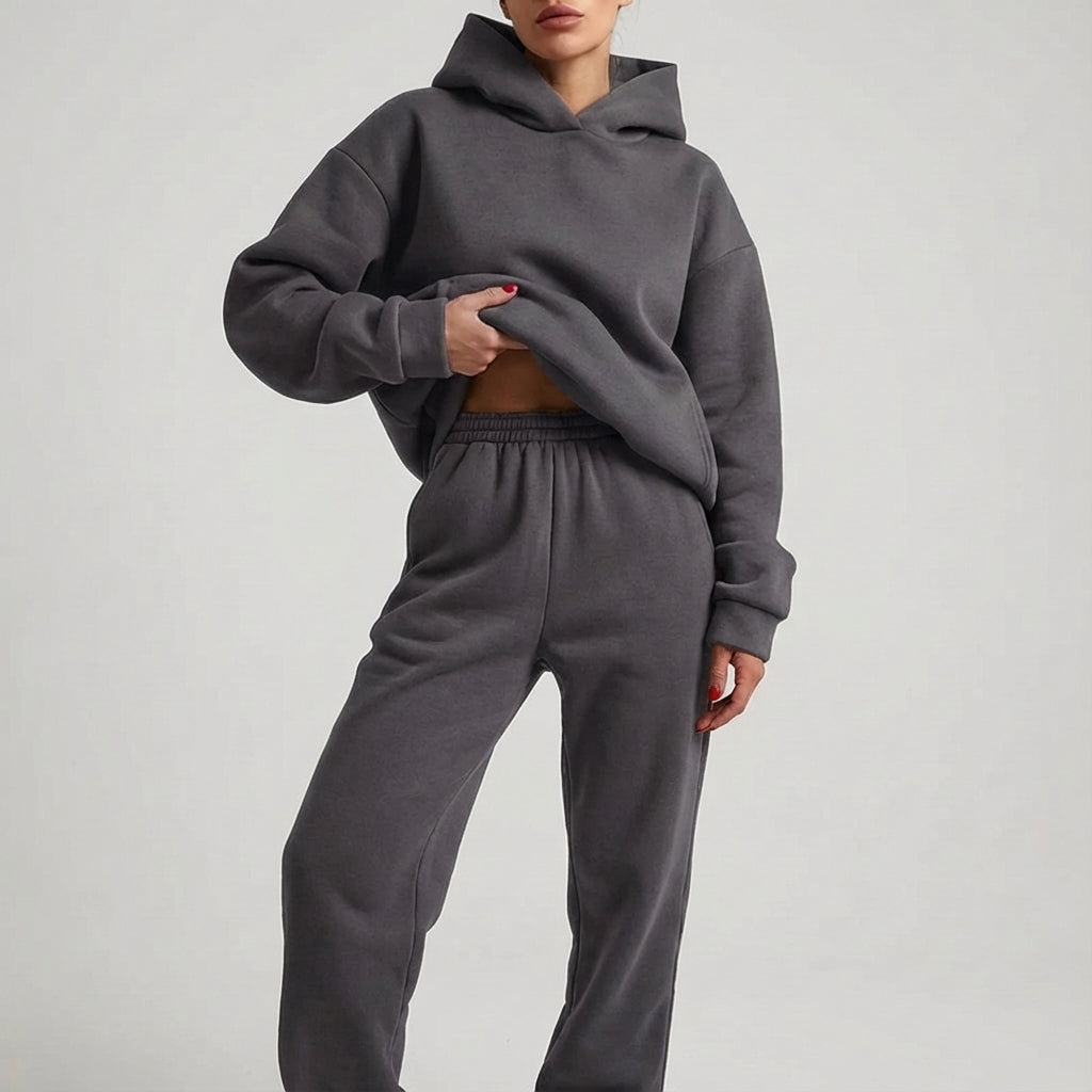Darvith | Women's Fleece Hoodie & Jogger Two-Piece Set - Dark Grey - Image 1