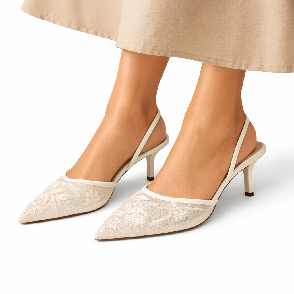 Delphina | Women's Embroidered Pointed Toe Mule Heels - Beige - Image 1