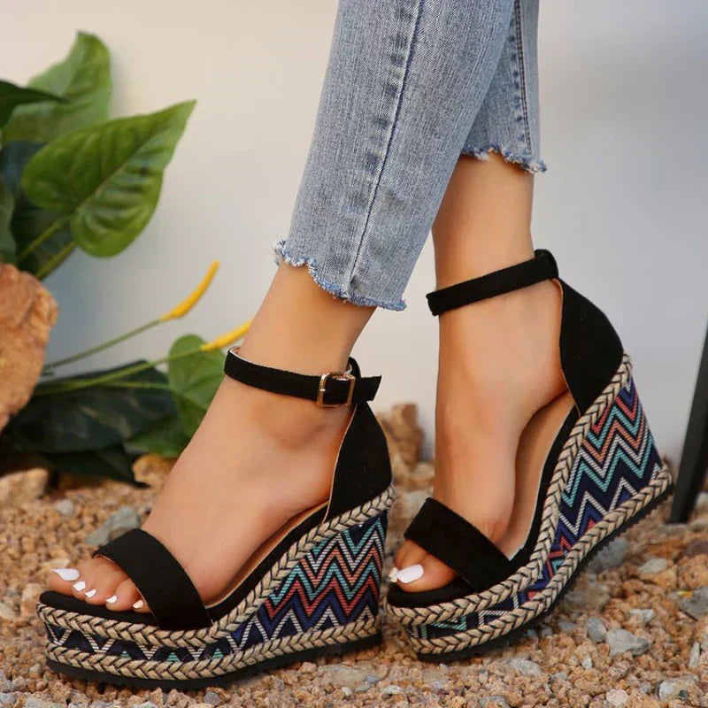 Delphine | Women's Ankle Strap Wedge Sandals - Black - Image 1
