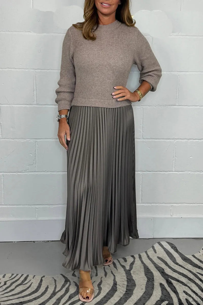 Delphine | Women's Knit Sweater Midi Dress with Pleated Skirt - Taupe - Image 1