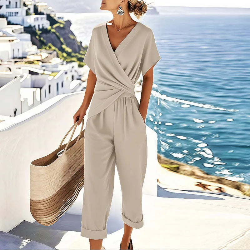 Delphine | Women's Wrap Front Short Sleeve Jumpsuit - Beige - Image 1