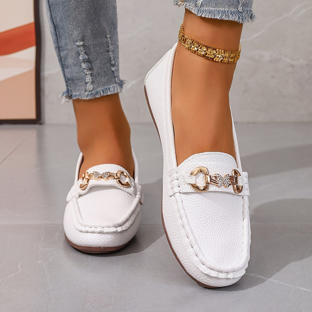 Delveth | Women's White Slip-On Loafers with Chain Detail - White - Image 1