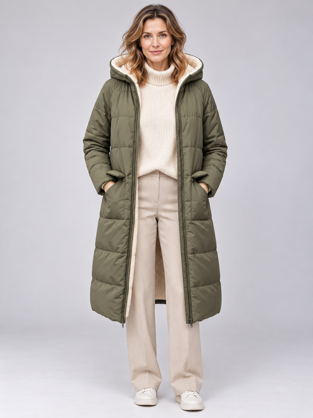 Dorinda | Women's Long Quilted Puffer Coat - Olive Green - Image 1