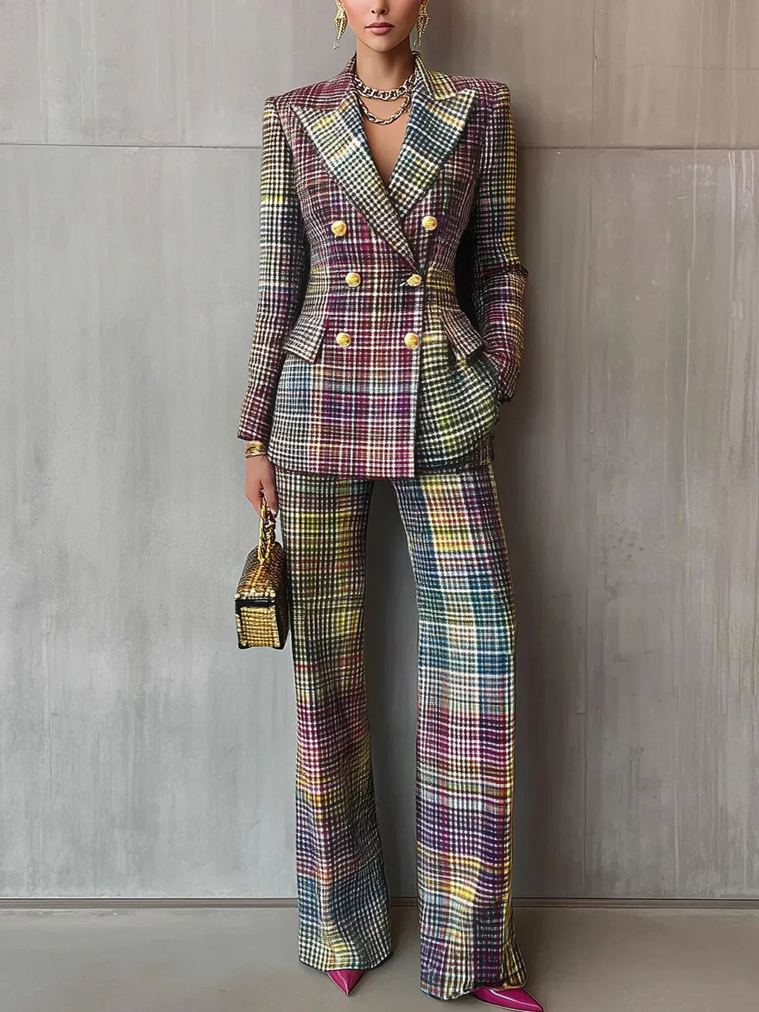 Dorinda | Women's Plaid Double Breasted Blazer Trouser Suit - Image 1
