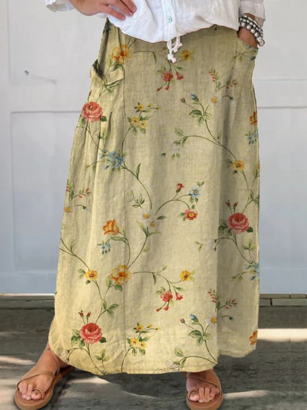 Elodie | Women's Floral Elastic Waist Maxi Skirt - Floral - Image 1