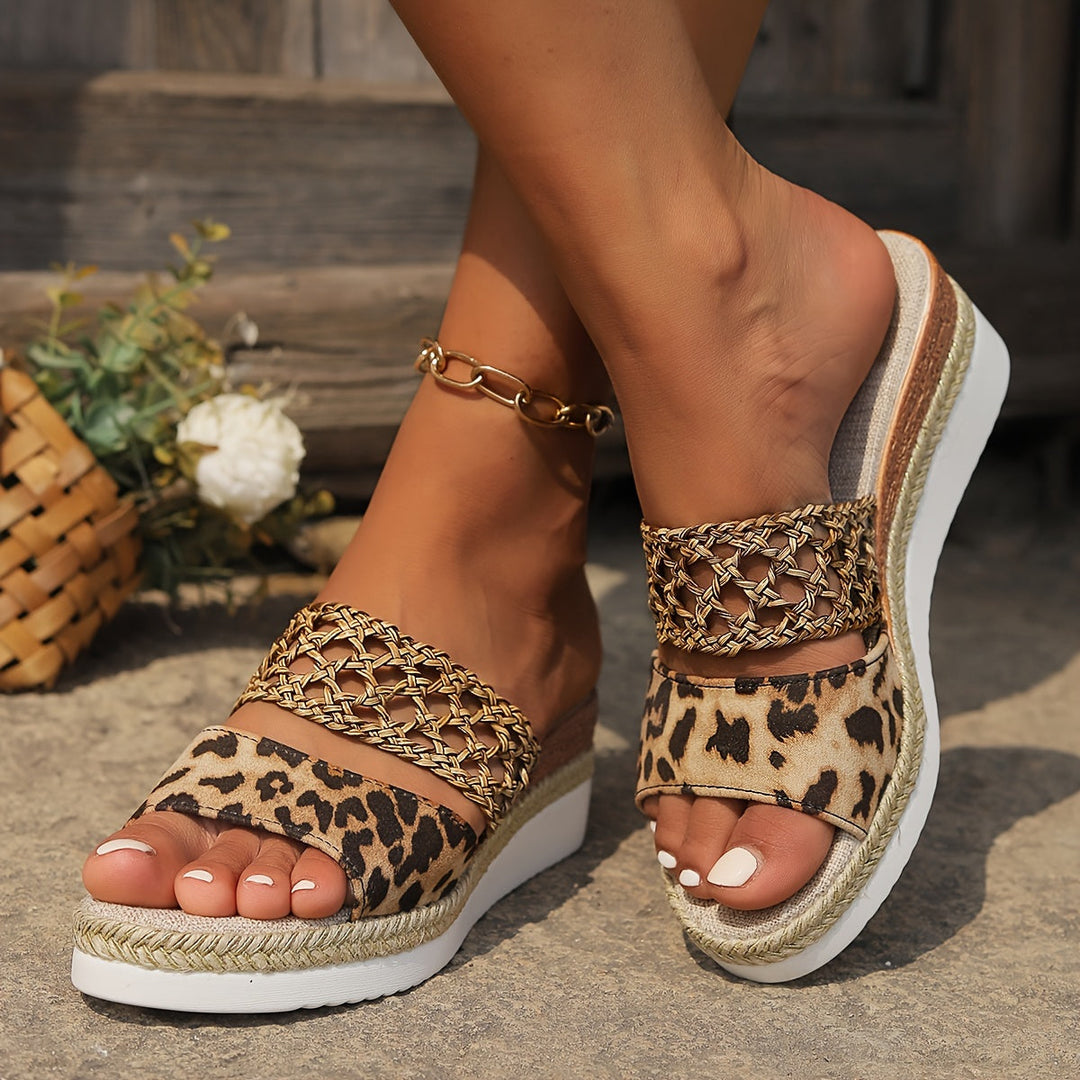 Elodie | Women's Leopard Print Platform Wedge Sandals - Floral - Image 1