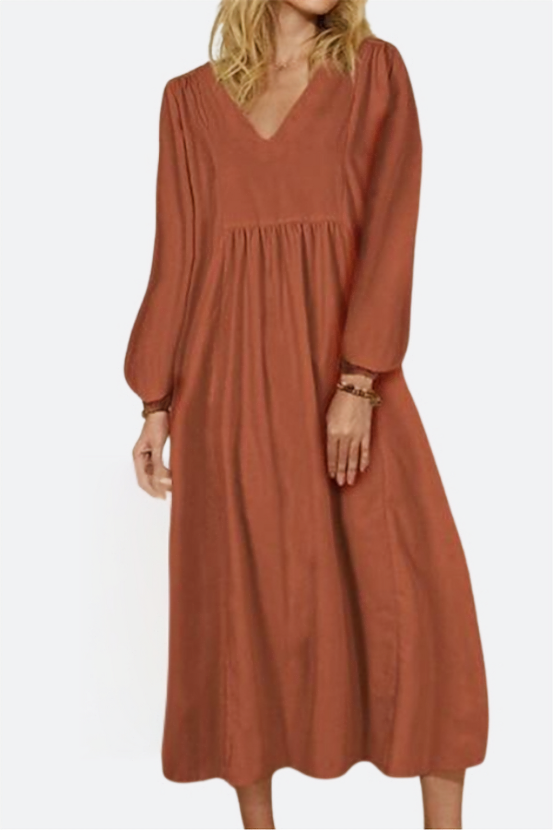 Eloise | Women's V Neck Long Sleeve Midi Dress - Brown - Image 1