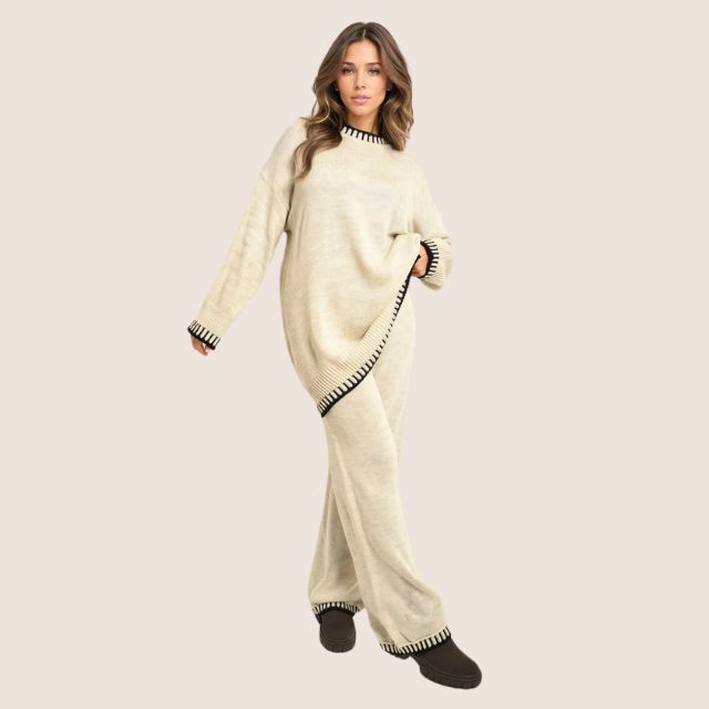 Elowyn | Women's Knit Jumper Co-ord Lounge Set - Cream - Image 1