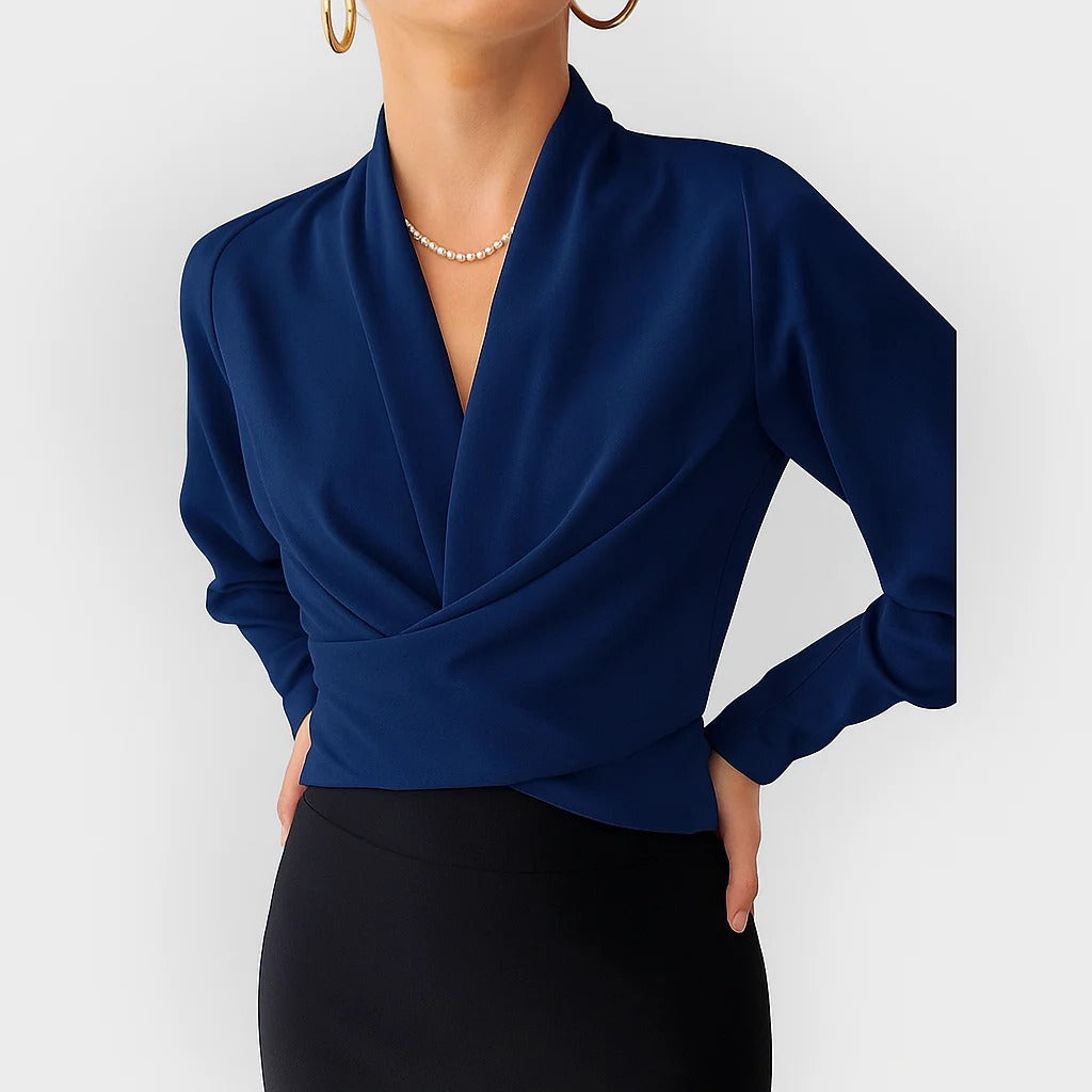 Elowyn | Women's Navy V-Neck Long Sleeve Wrap Blouse - Navy - Image 1