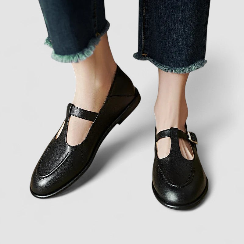 Elspeth | Women's T-Bar Low Heel Shoes - Black - Image 1