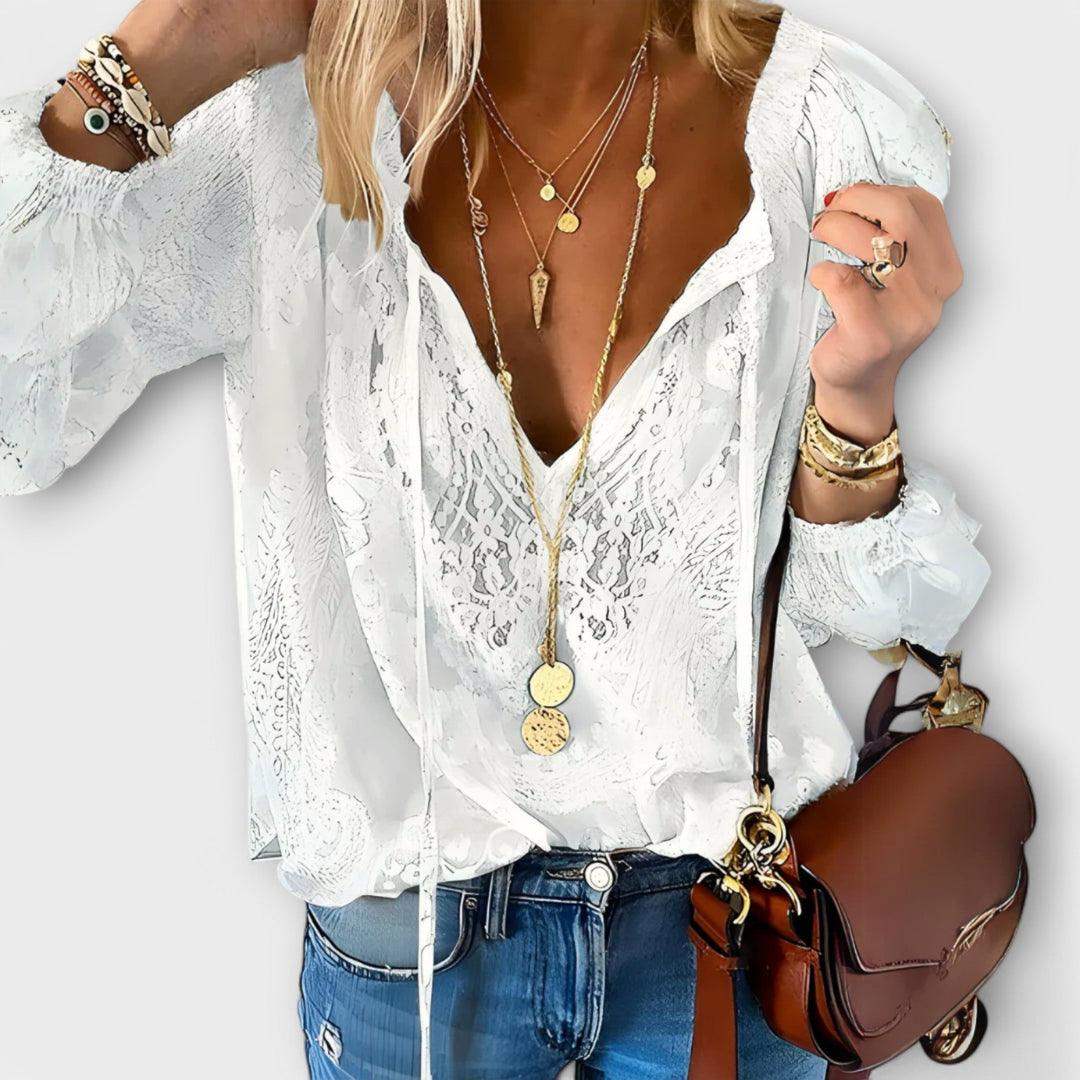 Elysse | Women's White V-Neck Long Sleeve Blouse - White - Image 1