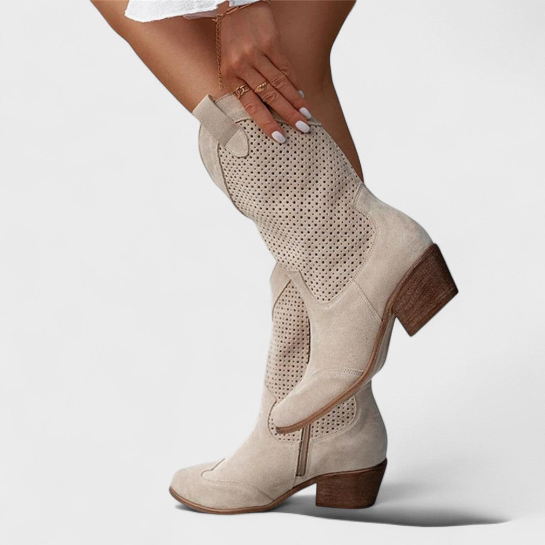 Esmeralda | Women's Perforated Block Heel Ankle Boots - Beige - Image 1
