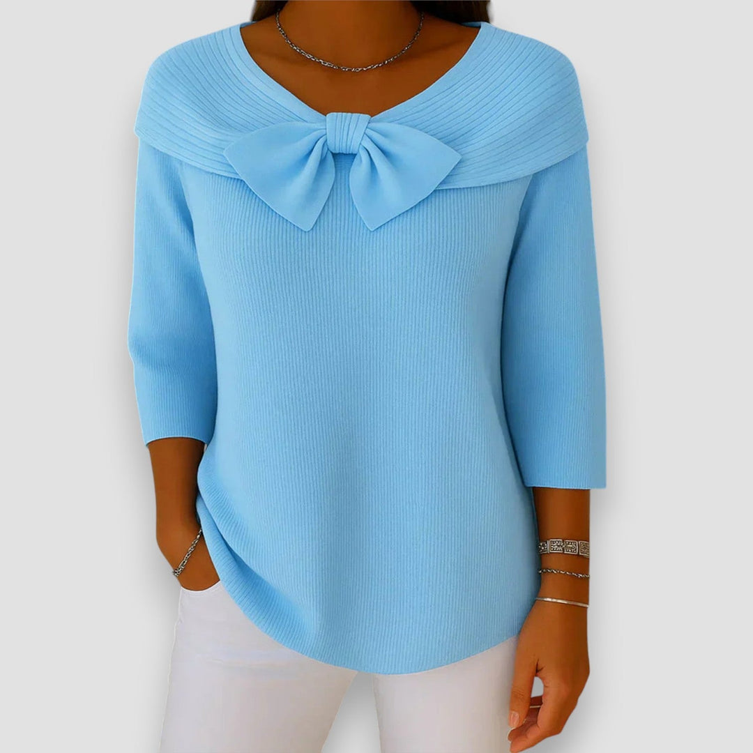 Esperanza | Women's Bow Detail 3/4 Sleeve Jumper - Light Blue - Image 1