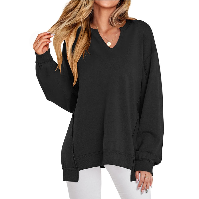 Esther | Women's Oversized V-Neck Tunic Sweatshirt - Black - Image 1