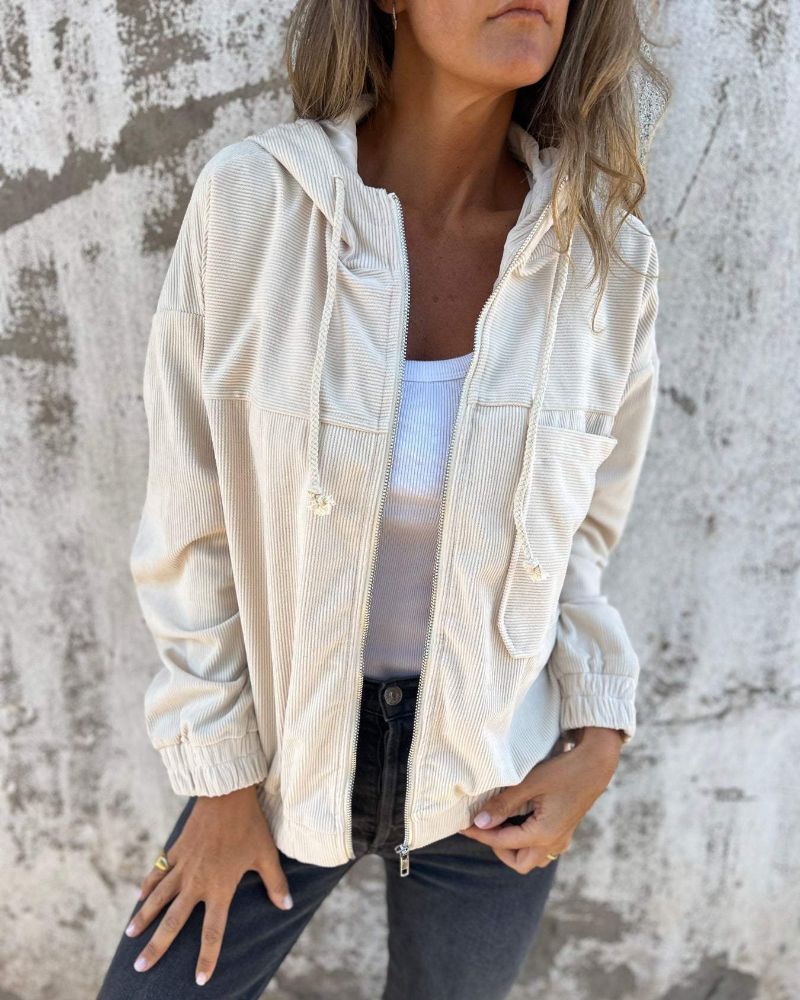 Evangelia | Women's Hooded Zip Front Cardigan - Beige - Image 1