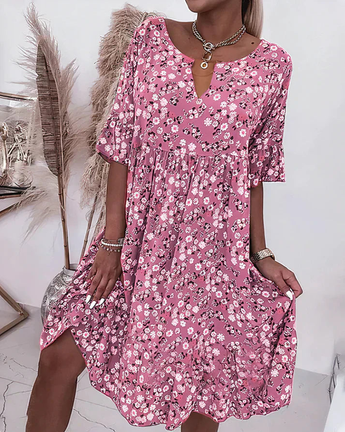 Evangeline | Women's Floral Short Sleeve Shift Dress - Pink - Image 1