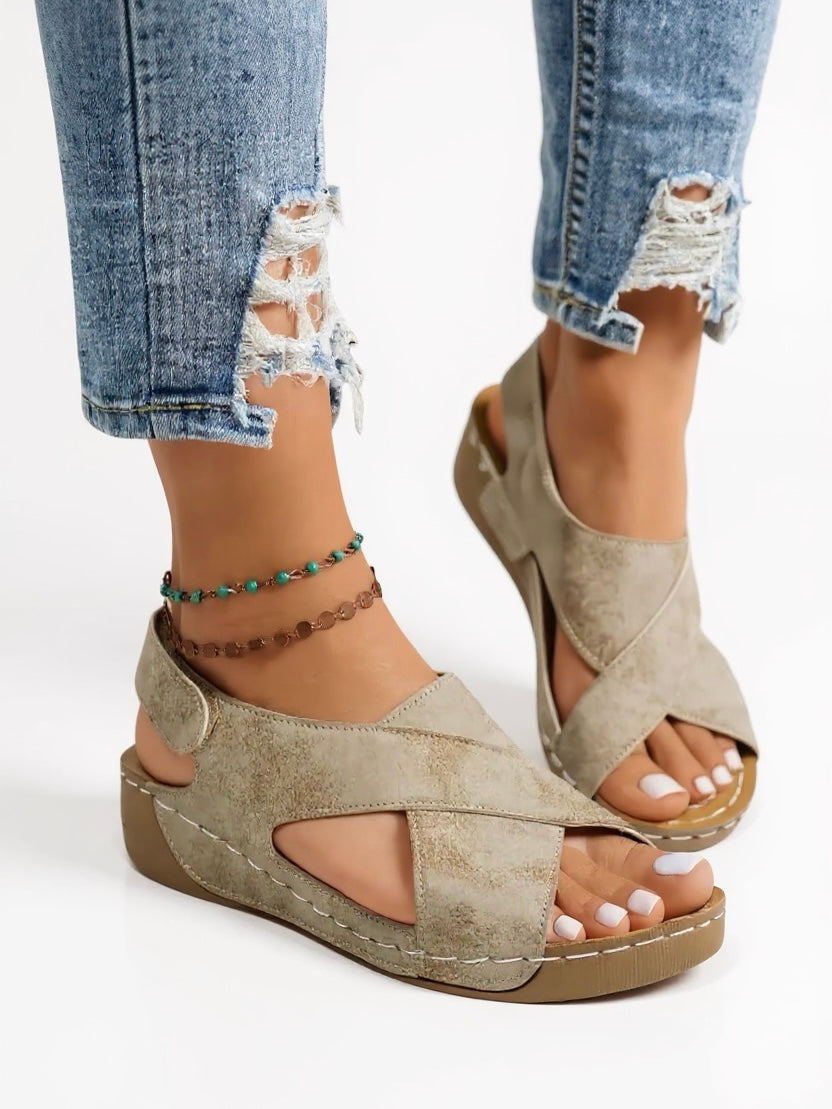 Evangeline | Women's Platform Wedge Sandals - Beige - Image 1