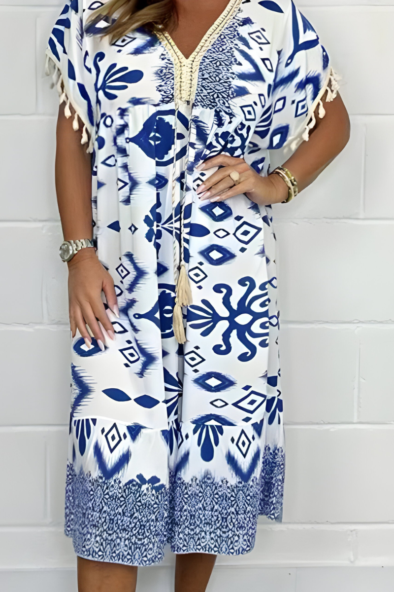 Evanthe | Women's Printed V-Neck Kaftan Dress - Blue - Image 1