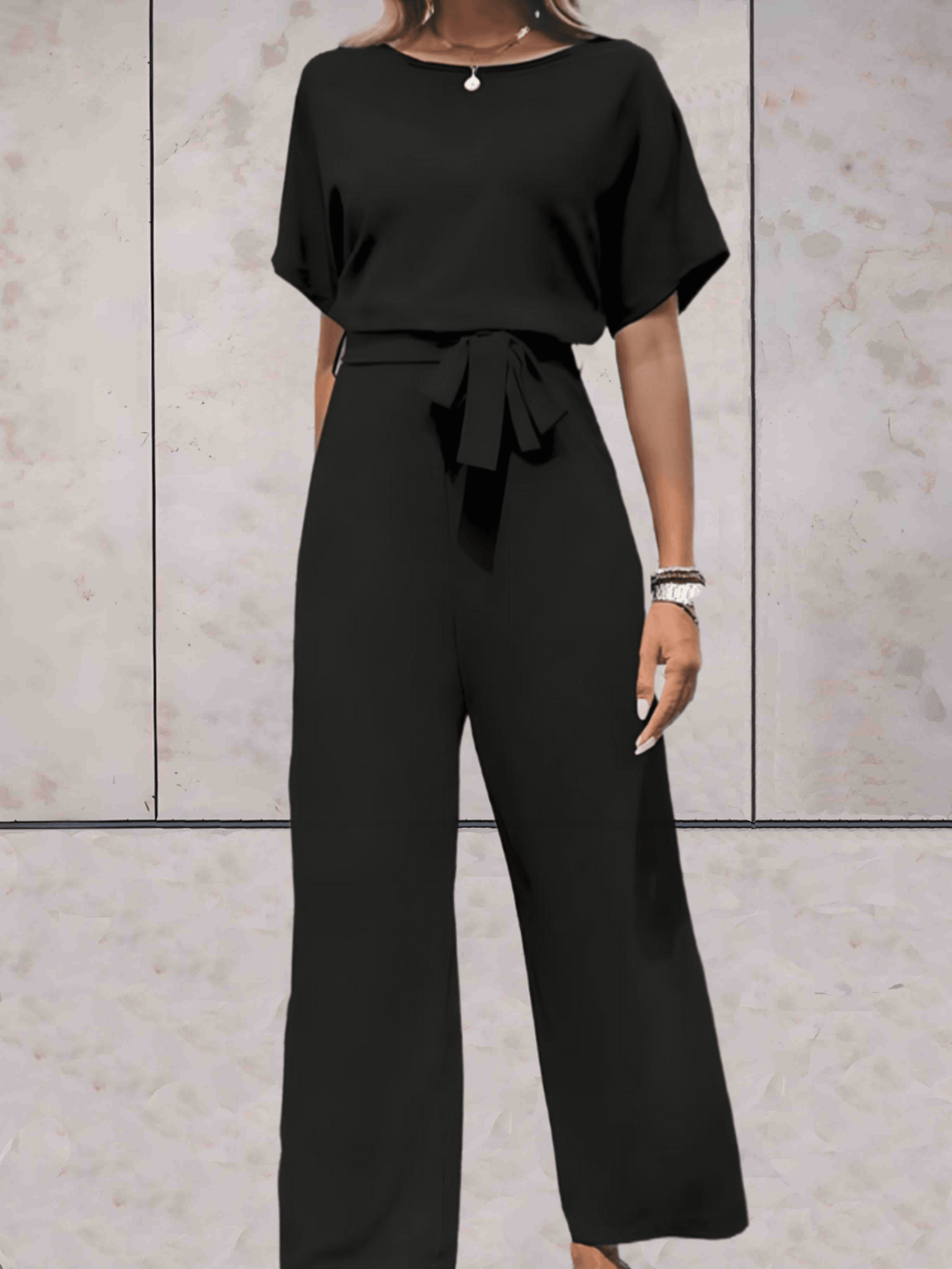 Evelina | Women's Short Sleeve Wide Leg Trouser Co-Ord Set - Black - Image 1
