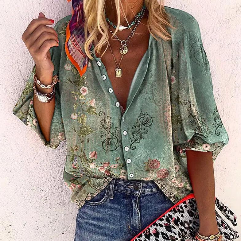 Evelyn | Women's Floral V-Neck Long Sleeve Blouse - Green - Image 1
