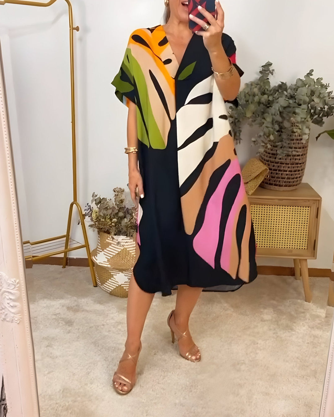 Felicia | Women's Abstract Print V-Neck Midi Dress - Image 1