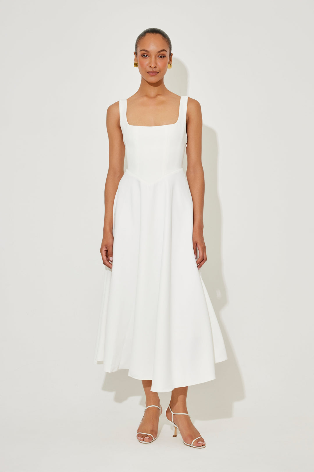 Fiora | Women's Square Neck Fitted Midi Dress - White - Image 1