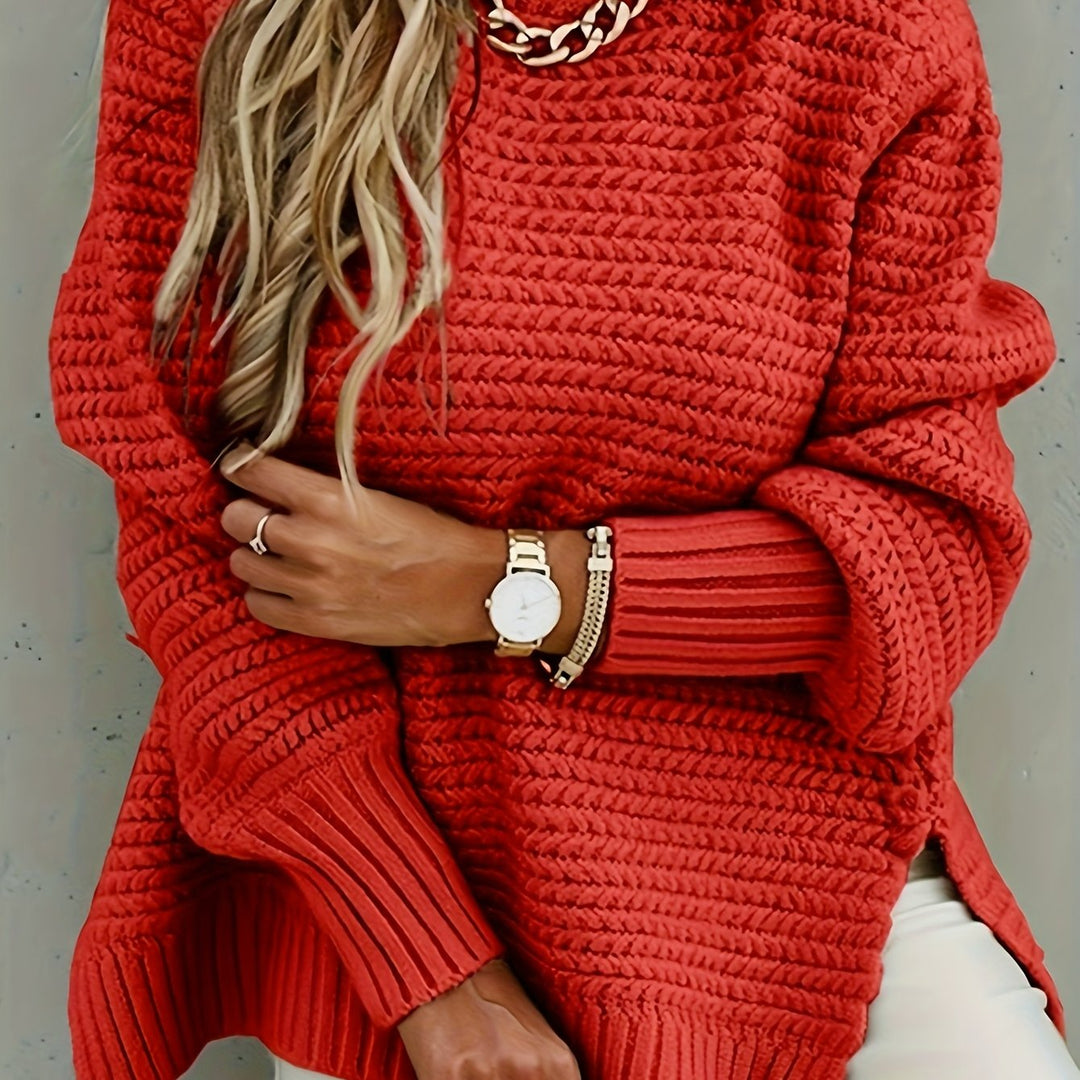 Floraith | Women's Chunky Knit Jumper High-Low - Red - Image 1