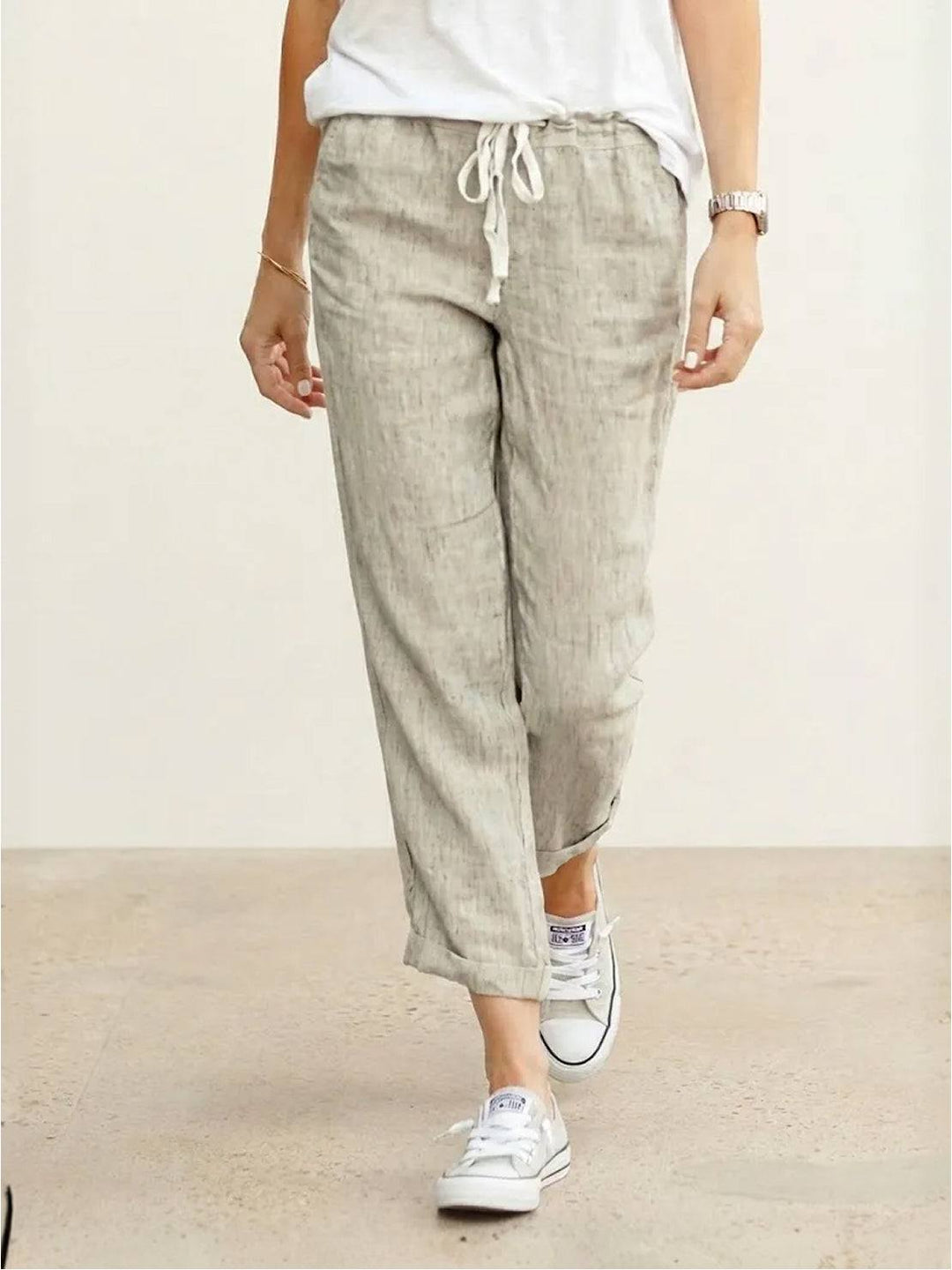 Florence | Women's Drawstring Waist Casual Trousers - Beige - Image 1