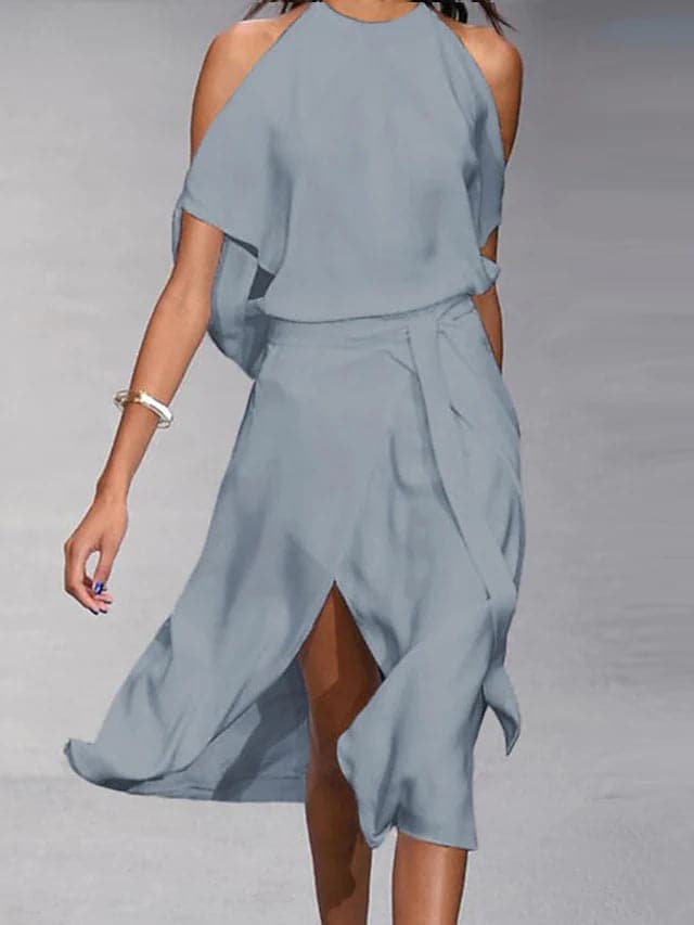 Floriana | Women's Cold Shoulder Midi Dress - Light Blue - Image 1