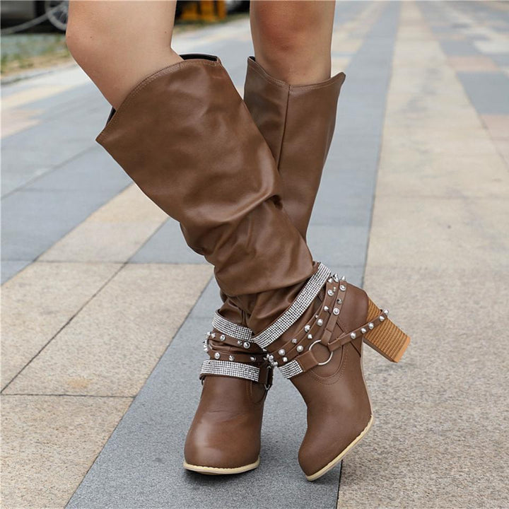 Francine | Damen braune lässige kniehohe Stiefel mit Blockabsatz - Braun - Bild 1