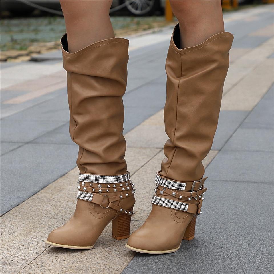 Francine | Damen braune lässige kniehohe Stiefel mit Blockabsatz - Braun - Bild 3