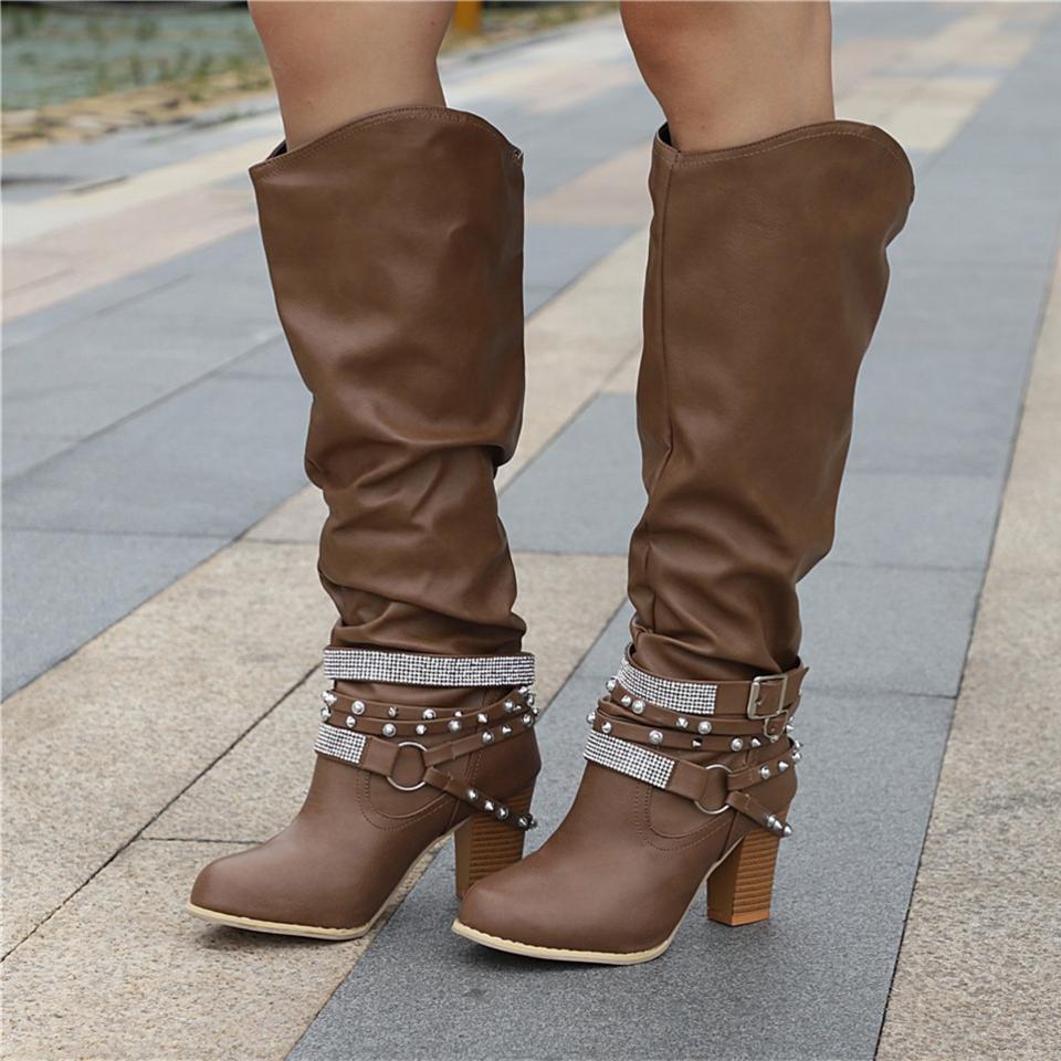 Francine | Damen braune lässige kniehohe Stiefel mit Blockabsatz - Braun - Bild 6
