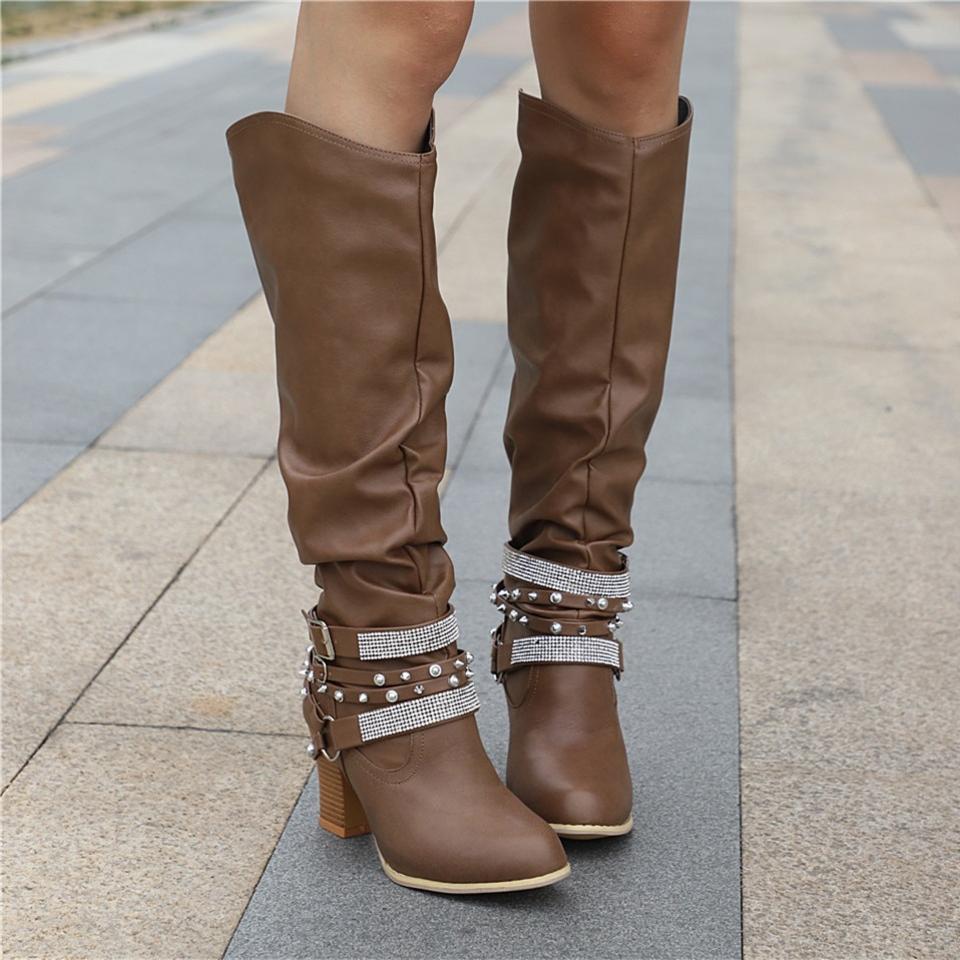 Francine | Damen braune lässige kniehohe Stiefel mit Blockabsatz - Braun - Bild 7